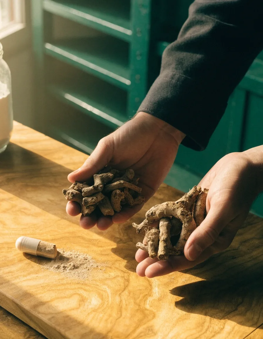 Raíz de maca seca y rodajas de ginseng sobre pizarra húmeda junto a una cápsula abierta