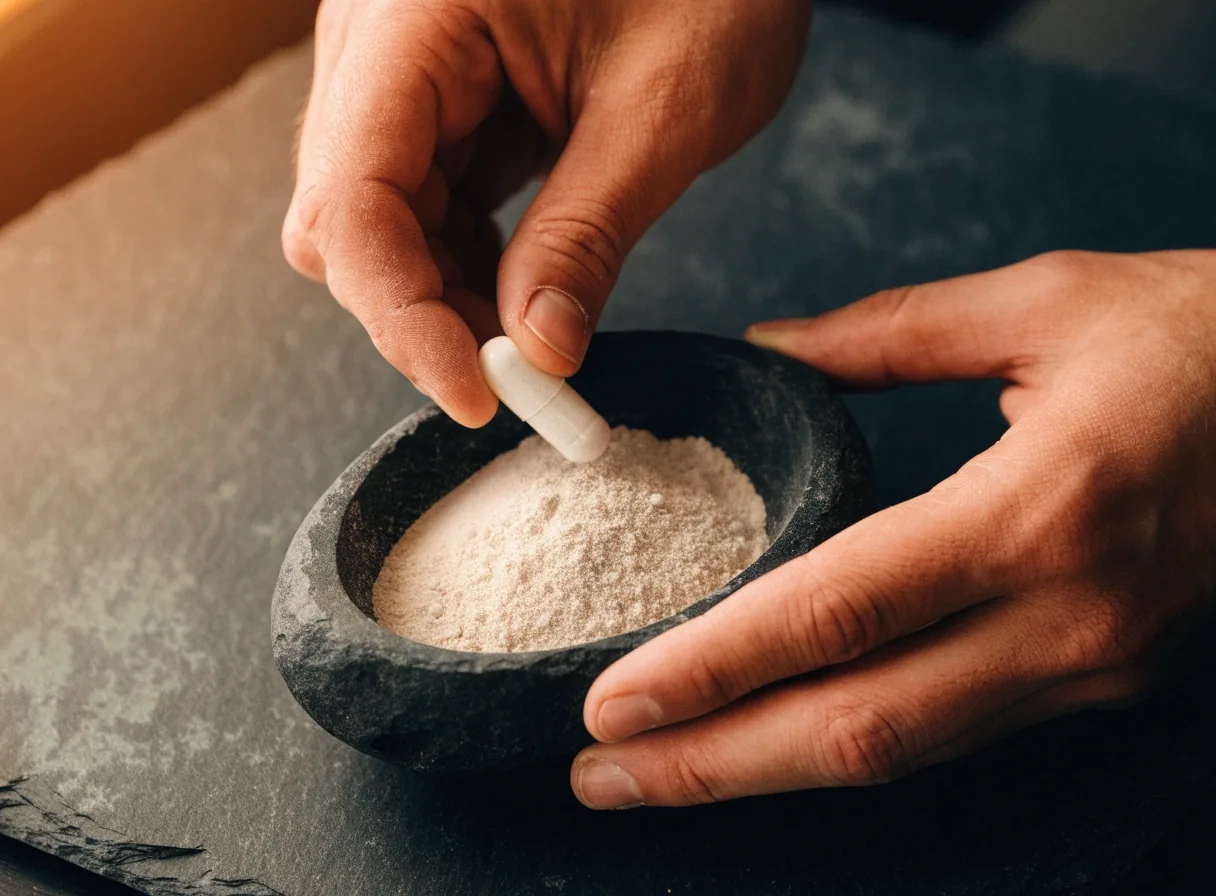 Manos colocando una cápsula blanca junto a un cuenco de polvo mineral sobre una mesa de piedra