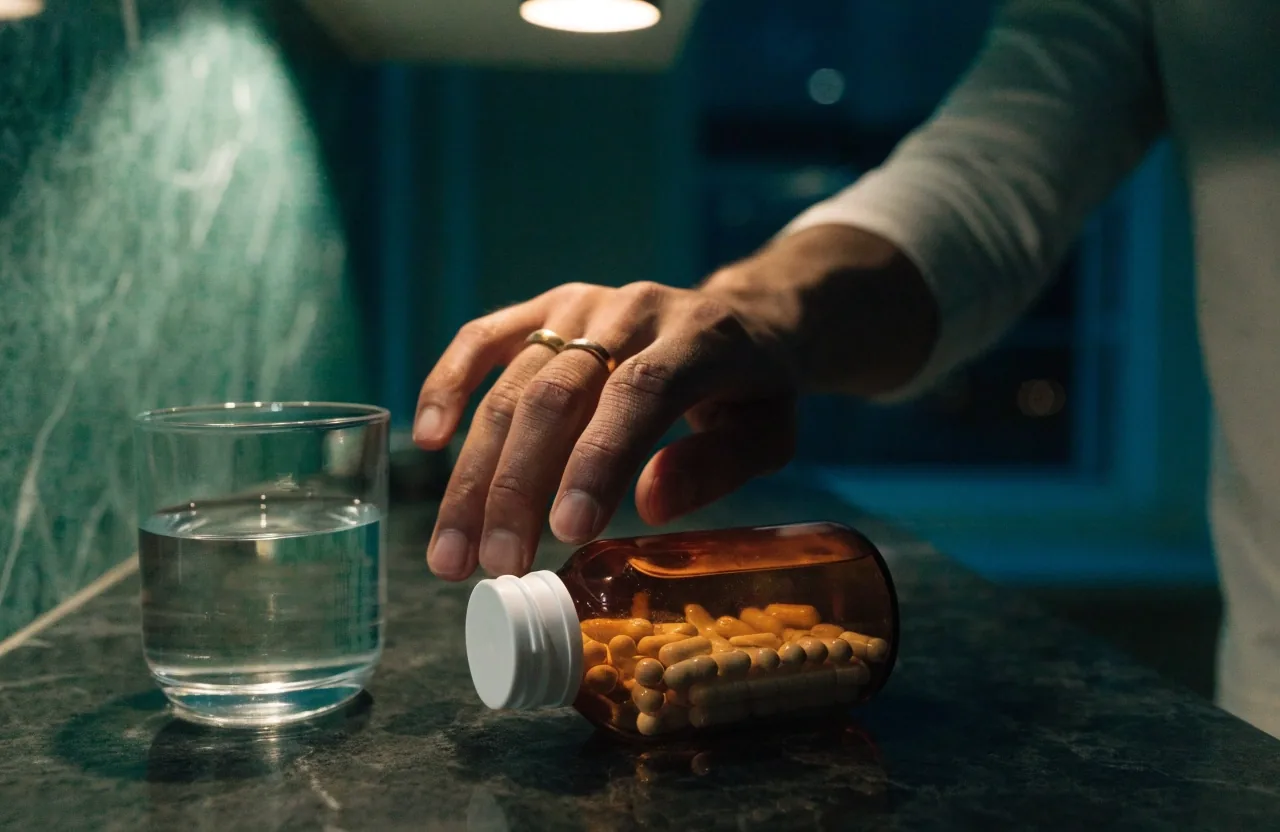 Mostrador de cocina de noche con un frasco mate de vitaminas junto a un vaso de agua