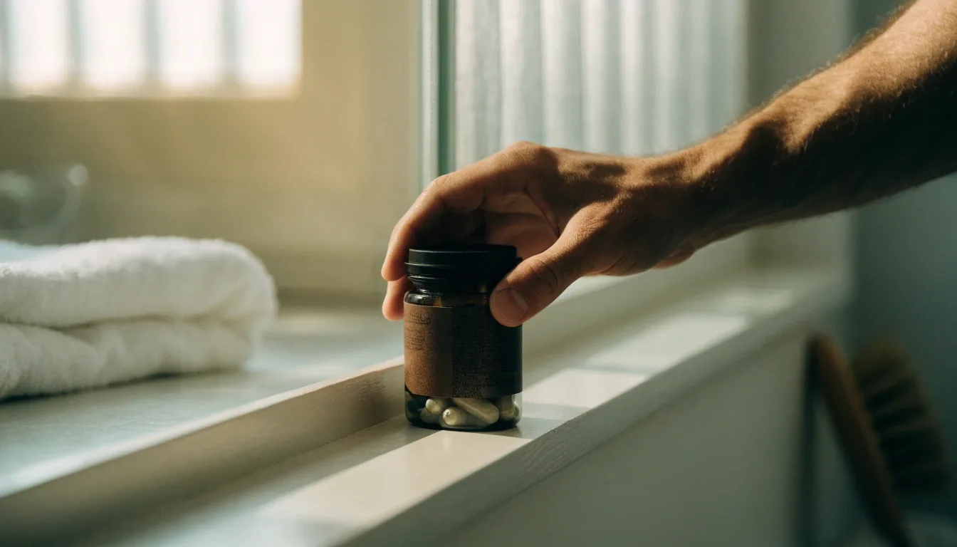 Encimera de cocina a las nueve de la noche con un bote mate de suplemento, un vaso de agua y unas cápsulas sueltas bajo luz cálida