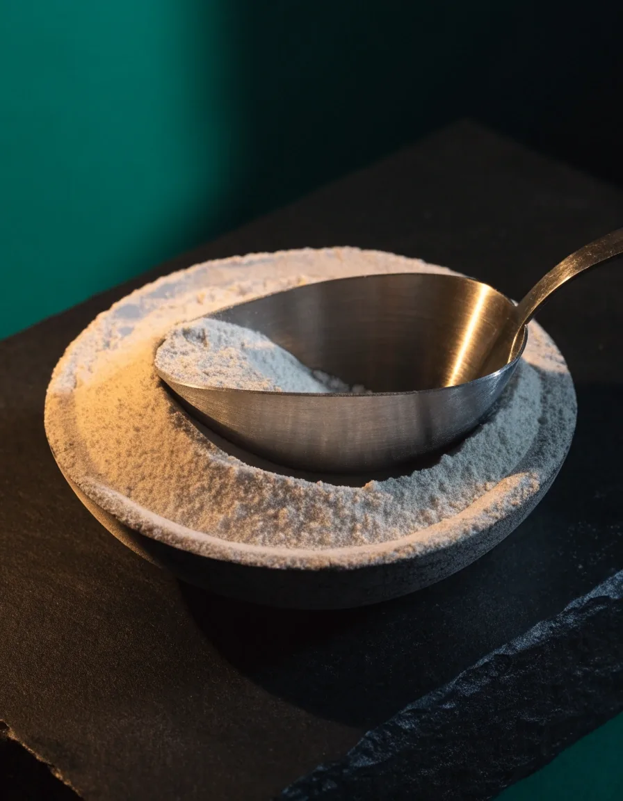 Cazo de acero con polvo mineral sobre una losa de piedra