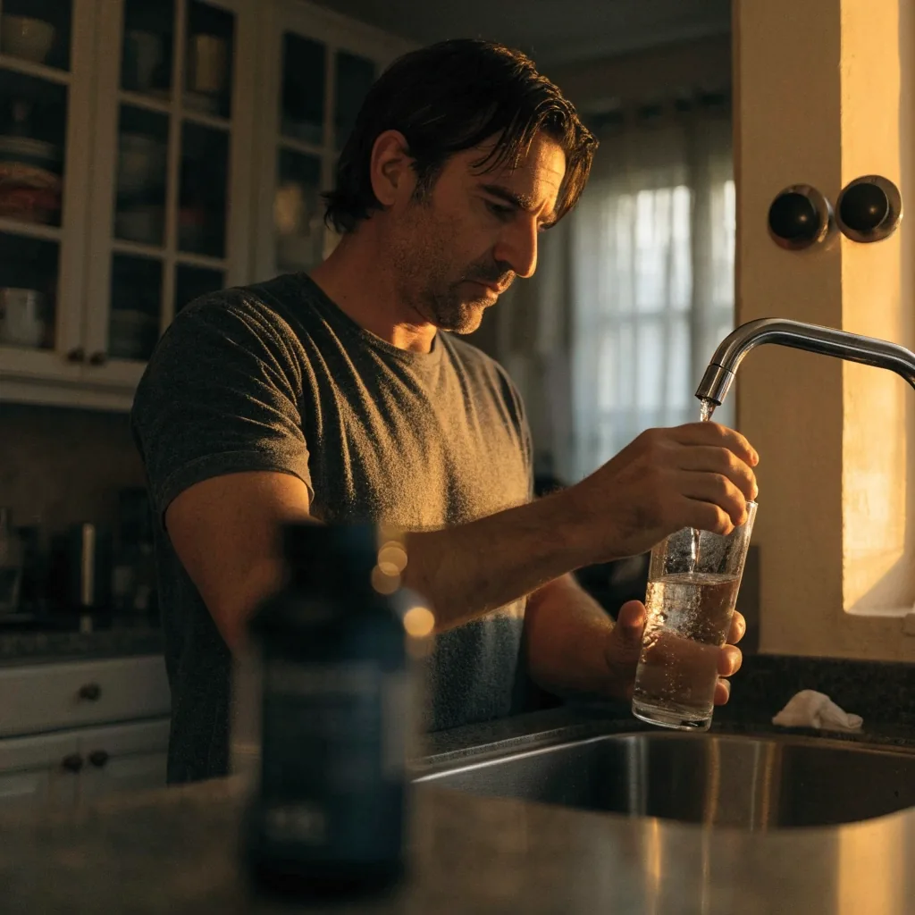 Hombre llenando un vaso de agua en la cocina antes de su rutina
