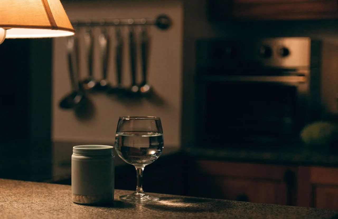 Mostrador de cocina de noche con un bote de suplemento y un vaso de agua