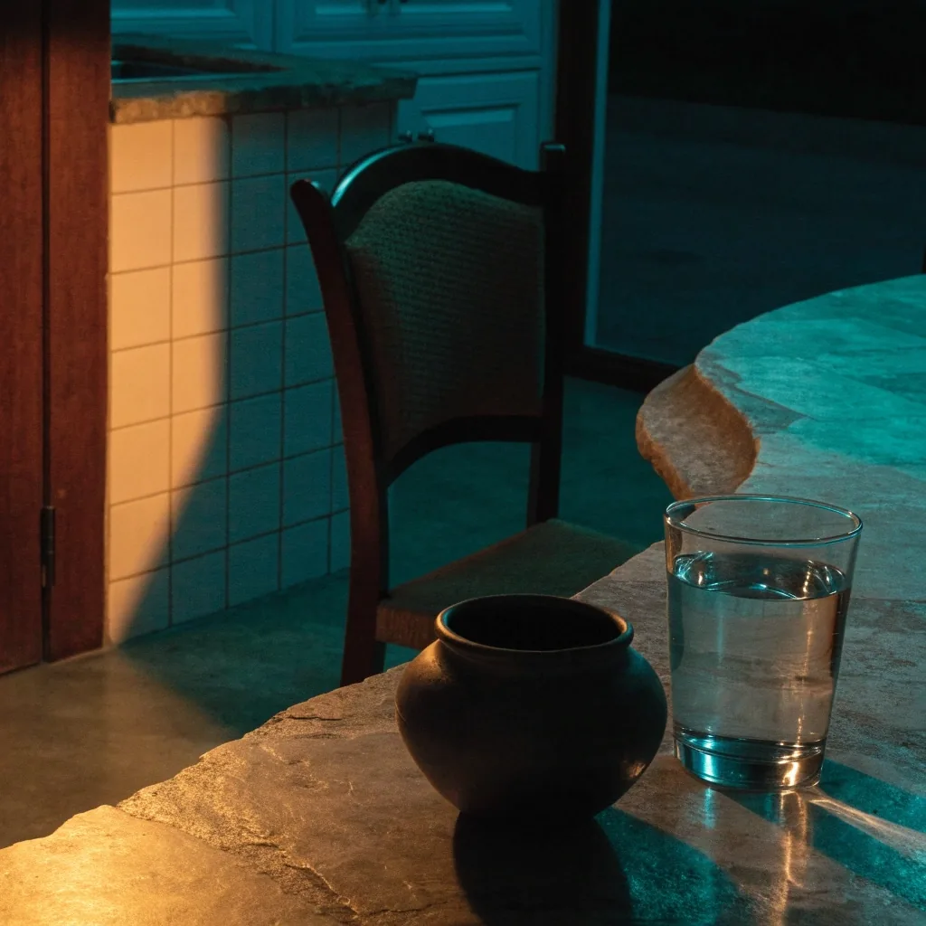 Encimera de cocina de noche con un bote sin marca y un vaso de agua