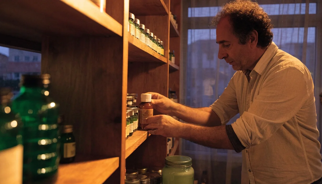 Mostrador de farmacia de noche en Valencia con botes sin marca, agua y luz ámbar cálida