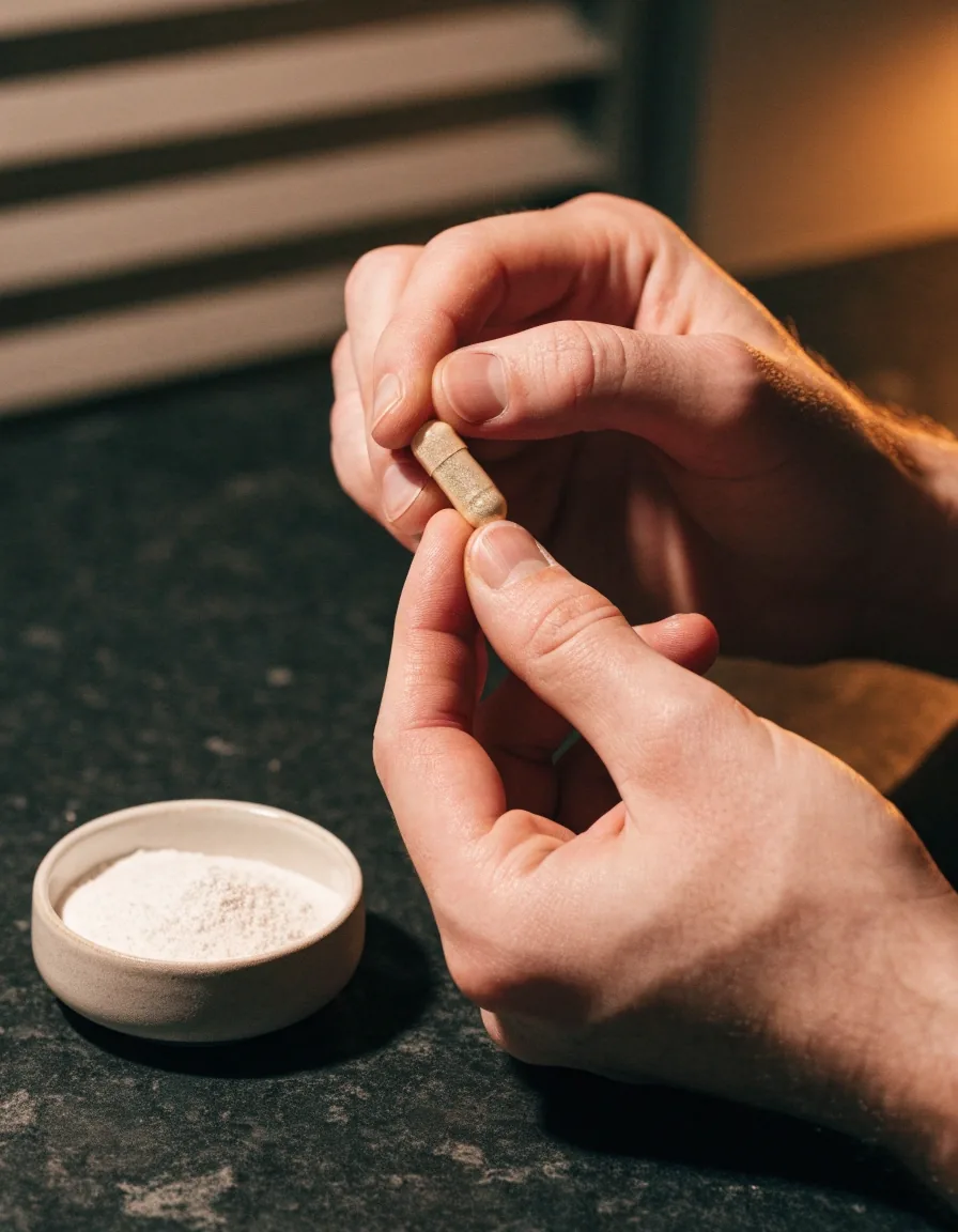 Superficie de piedra con cápsulas y polvo mineral bajo luz cálida de farmacia